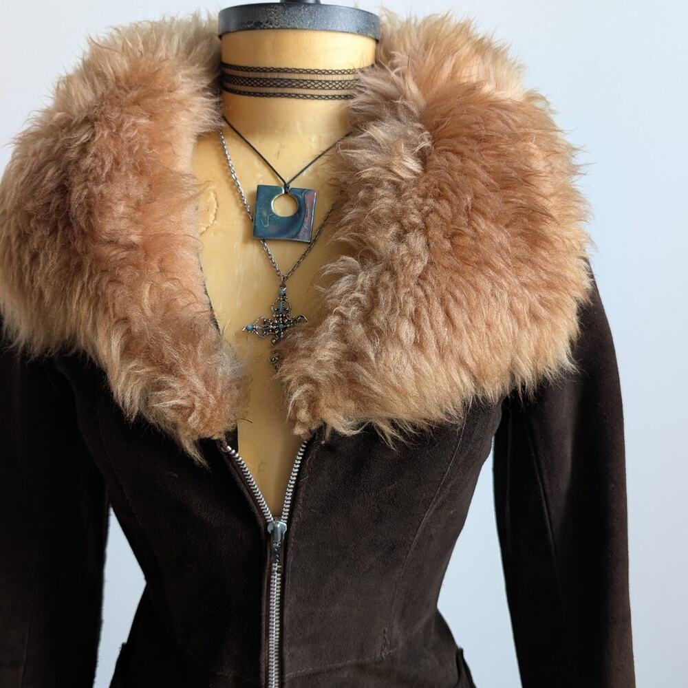 Vintage Brown Suede Penny Lane Jacket Groovy Furry 70s Leather Western Coat Smal - Picture 8 of 11